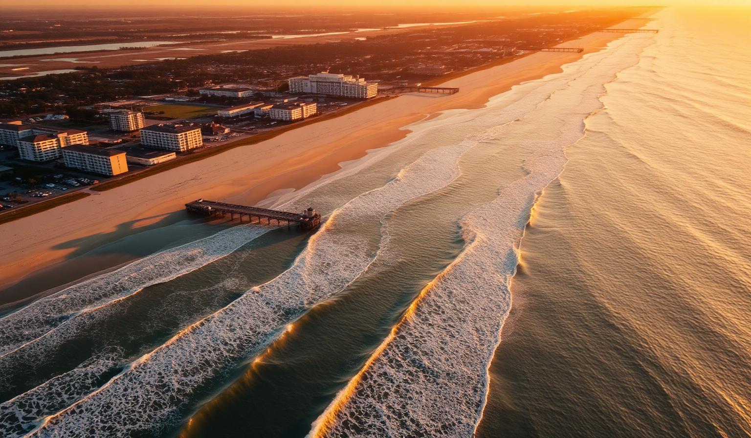 Aerial view of Myrtle Beach, South Carolina coastline at sunset